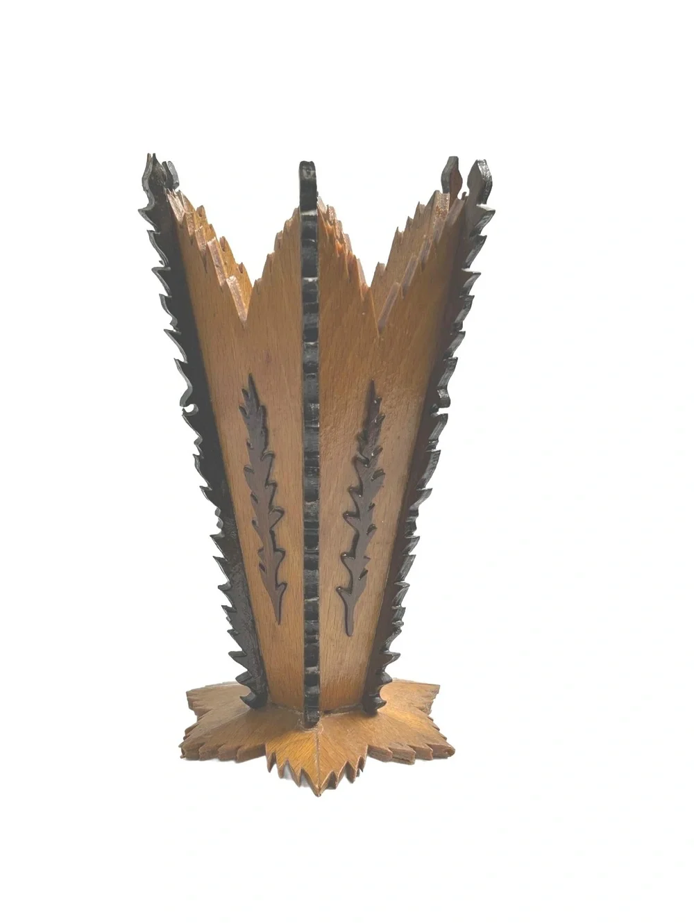 Vintage Hand-Carved Wooden Vase with Intricate Leaf Detailing